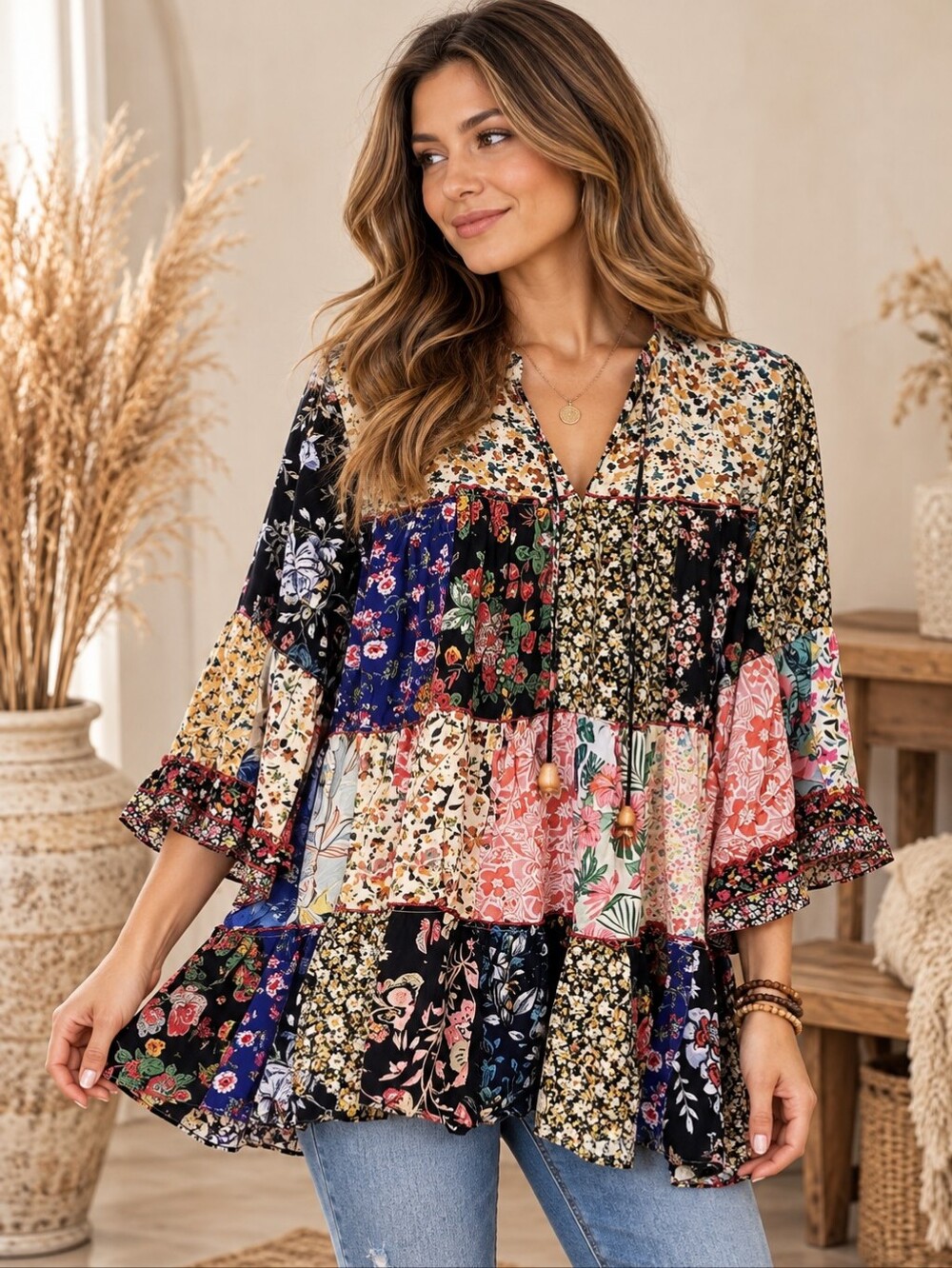 633.Young Threads Boho Patchwork Floral Peasant Tunic Top